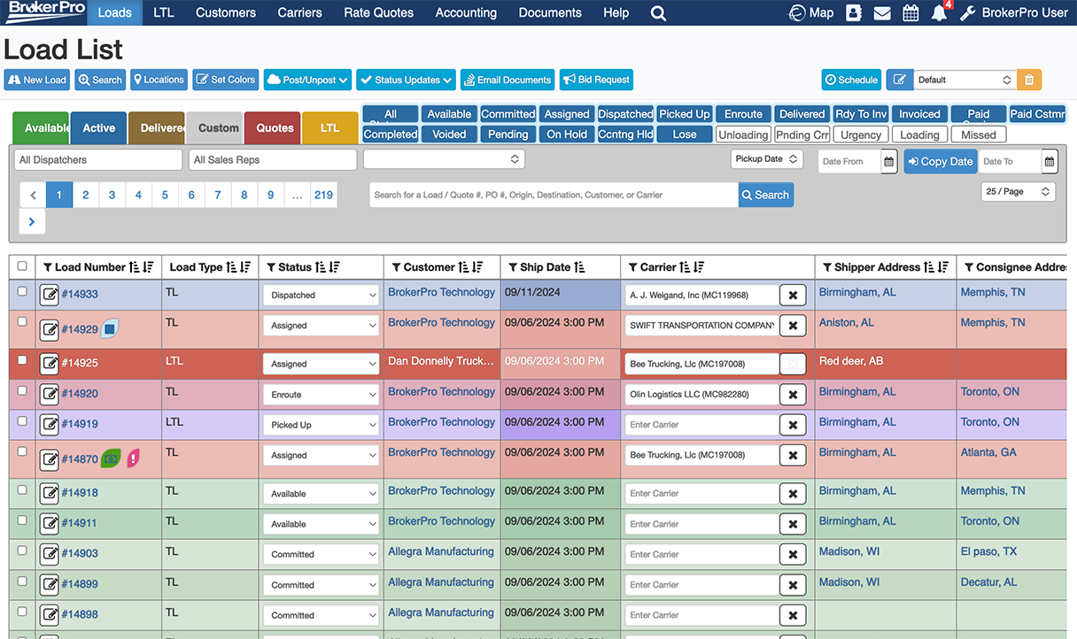 BrokerPro TMS Load List