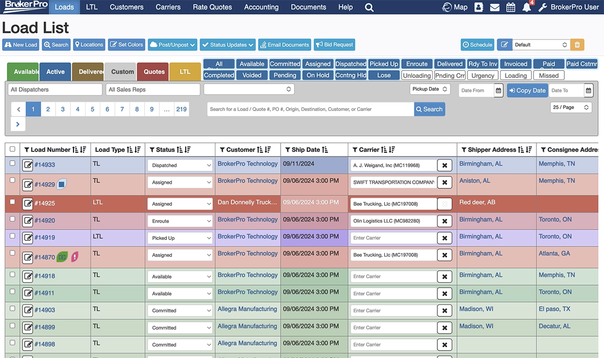 BrokerPro TMS Load List