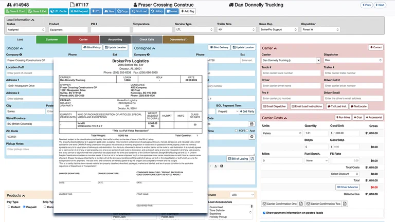 LTL booking and documentation screenshot LTL booking and documentation screenshot