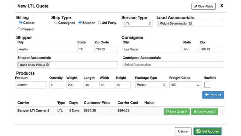 LTL quote system screenshot LTL quote system screenshot
